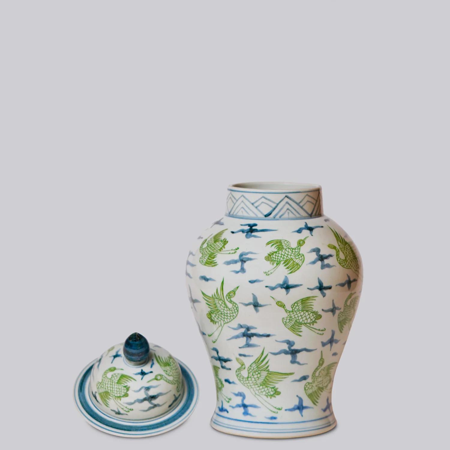 CRANE AND CLOUDS GREEN AND BLUE PORCELAIN TEMPLE JAR (C616